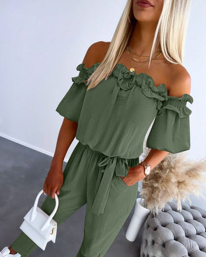 WOMENS RUFFLE OFF-THE-SHOULDER JUMPSUIT