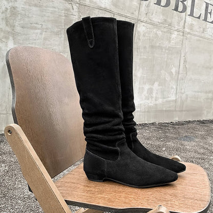 Suede Pointed Toe Western Knee High Cowgirl Boots Vintage Flat Heel Riding Boots for Winter in Black/Grey/Brown