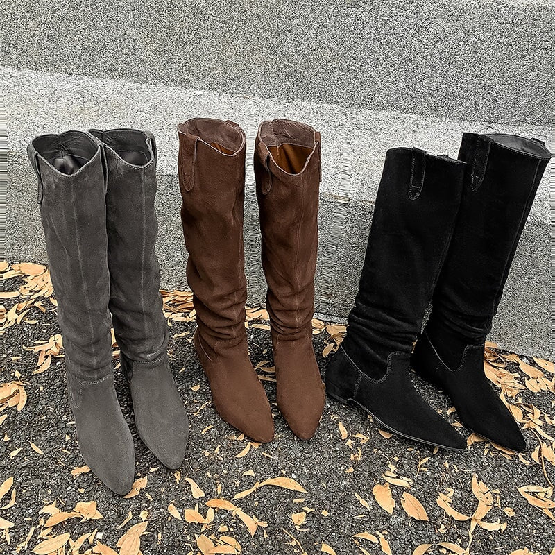 Suede Pointed Toe Western Knee High Cowgirl Boots Vintage Flat Heel Riding Boots for Winter in Black/Grey/Brown