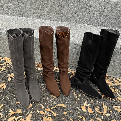 Suede Pointed Toe Western Knee High Cowgirl Boots Vintage Flat Heel Riding Boots for Winter in Black/Grey/Brown