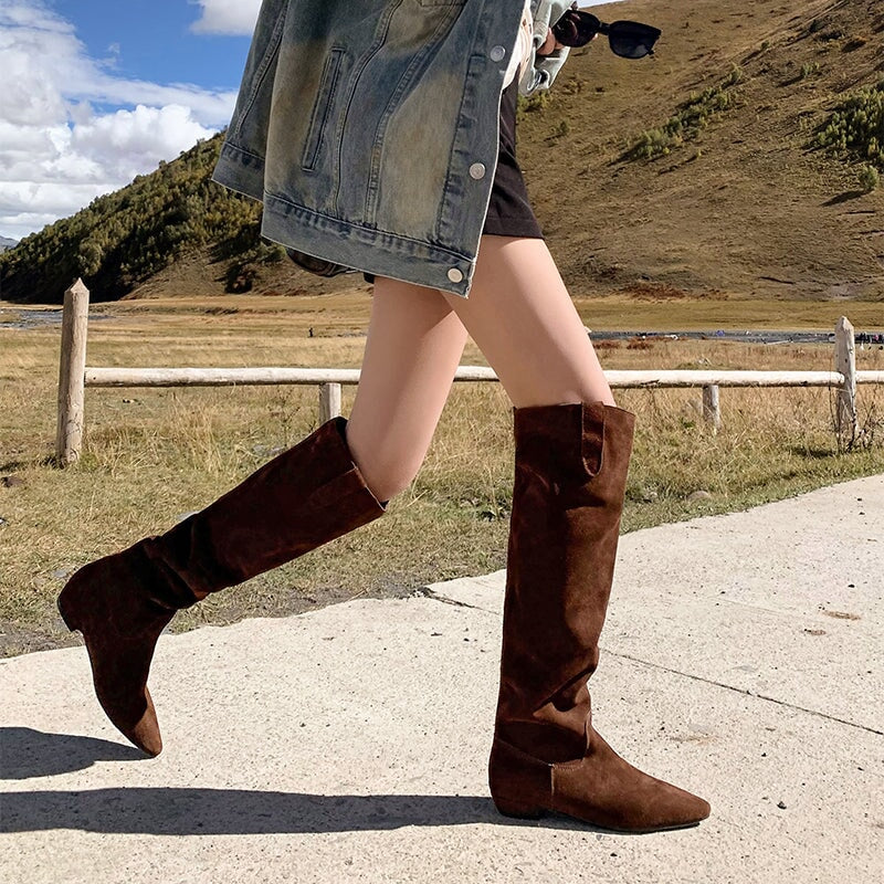 Suede Pointed Toe Western Knee High Cowgirl Boots Vintage Flat Heel Riding Boots for Winter in Black/Grey/Brown