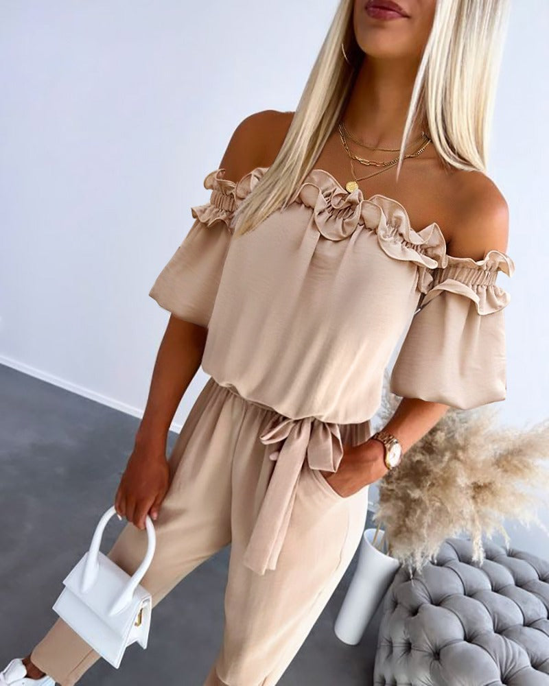 WOMENS RUFFLE OFF-THE-SHOULDER JUMPSUIT