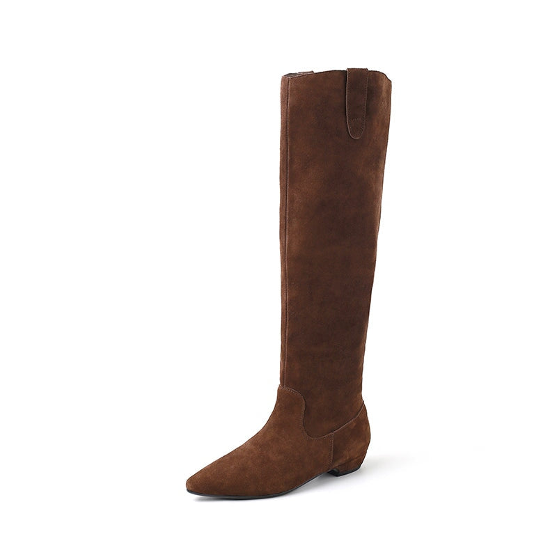 Suede Pointed Toe Western Knee High Cowgirl Boots Vintage Flat Heel Riding Boots for Winter in Black/Grey/Brown