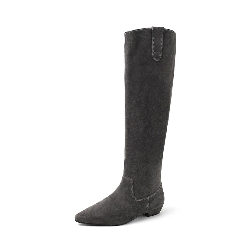 Suede Pointed Toe Western Knee High Cowgirl Boots Vintage Flat Heel Riding Boots for Winter in Black/Grey/Brown
