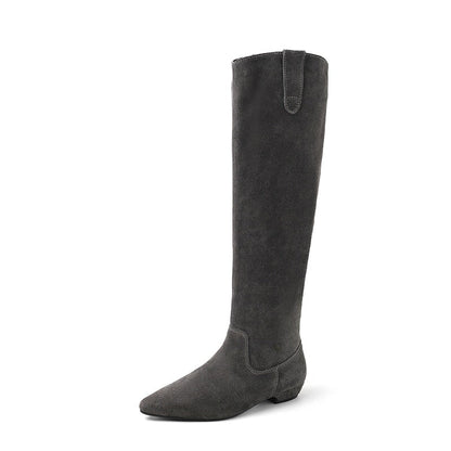 Suede Pointed Toe Western Knee High Cowgirl Boots Vintage Flat Heel Riding Boots for Winter in Black/Grey/Brown
