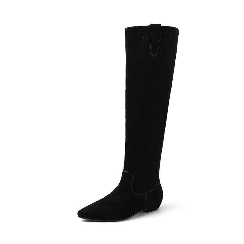 Suede Pointed Toe Western Knee High Cowgirl Boots Vintage Flat Heel Riding Boots for Winter in Black/Grey/Brown