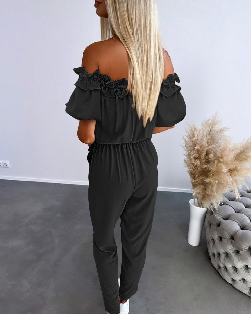 WOMENS RUFFLE OFF-THE-SHOULDER JUMPSUIT
