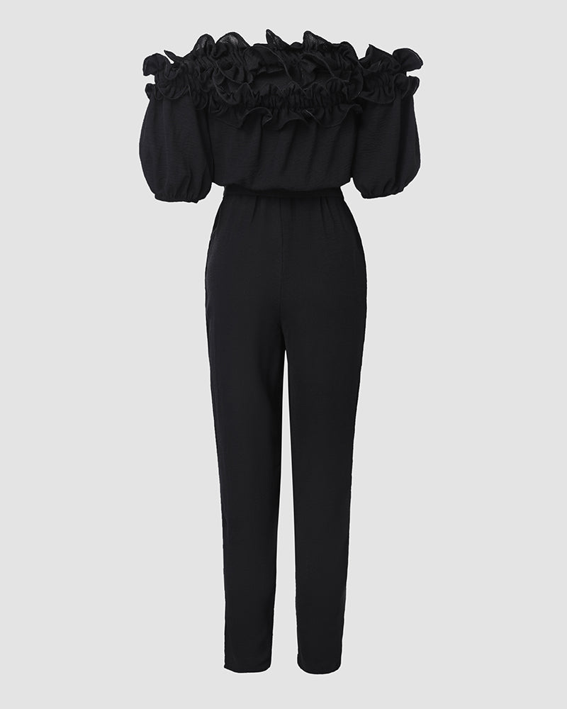 WOMENS RUFFLE OFF-THE-SHOULDER JUMPSUIT