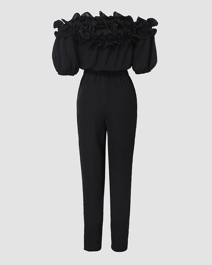 WOMENS RUFFLE OFF-THE-SHOULDER JUMPSUIT